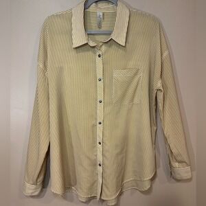 Allison Joy Womens Button Down Shirt Mustard Yellow White Striped Large L Pocket